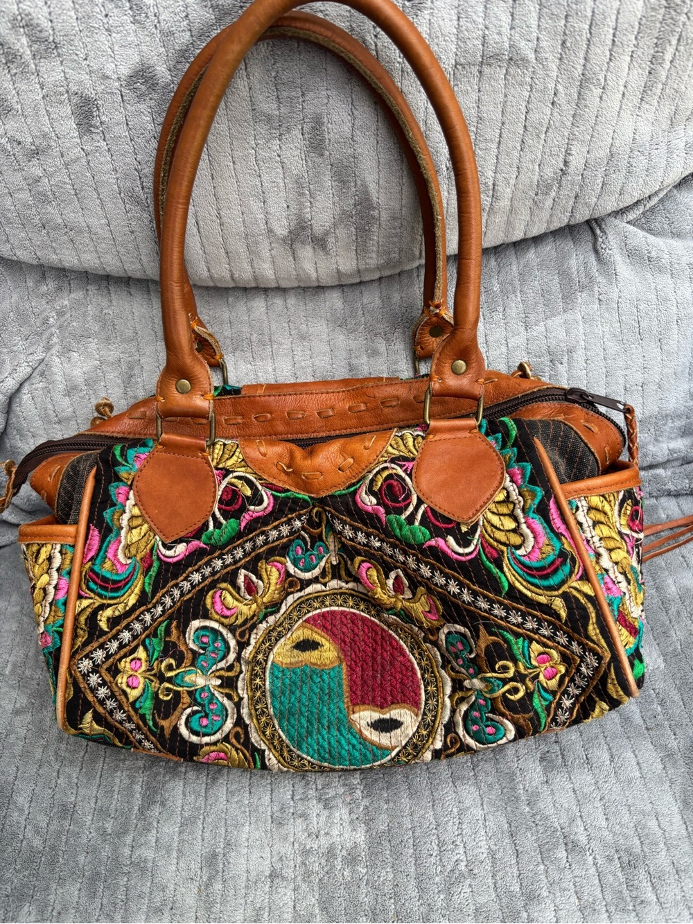 Embroidered Multicolor Leather-Trim Shoulder Bag - Tan Accents